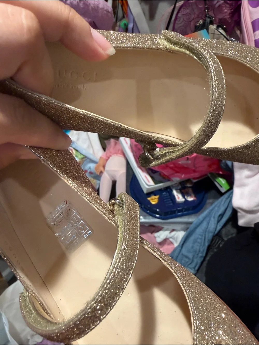 Gucci Glitter Mary Jane Flats in Gold with Metallic Accents